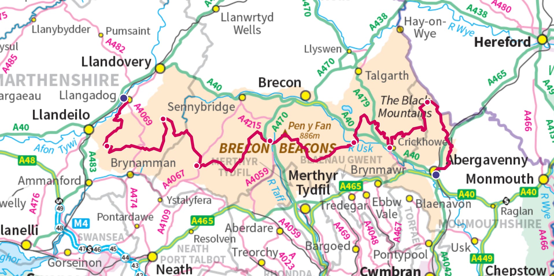 A map of the Bannau Brycheiniog (Brecon Beacons) showing the route of the Beacons Way